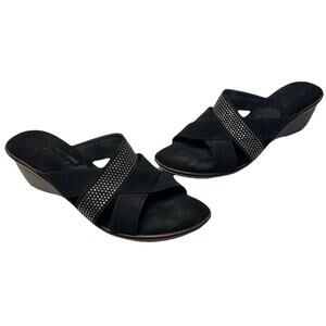 Onex Wedge Slip On Sandals Size 8 Black Rhinestone Strappy Lightweight Holiday